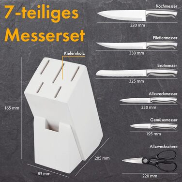 Набір ножів Messerblock з 7 предметів | Набір ножів для кухні з кухонними ножами та ножицями | Набір ножів з нержавіючої сталі C-MBS 4018 білий