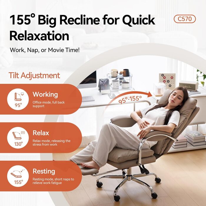 Офісний крісло EMIAH з підніжкою: ергономічний крісло для офісу та дому, з PU шкіри, підніжкою, підлокітниками та колесами. Підходить для роботи за комп'ютером та ігор. Колір: хакі. Без функції масажу.