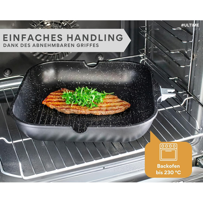 DIVORY Сковорода-гриль 28x28 см з виливом та знімним ручкою - сковорода для стейків на індукційній плиті, з антипригарним покриттям, з лопаткою та захистом для сковороди, чорна