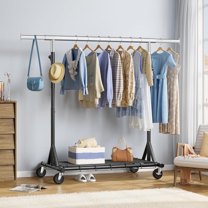 Стійка для одягу на колесах FAVOOOSTY, металева, мобільна, до 200 кг, чорна, 1 перекладина