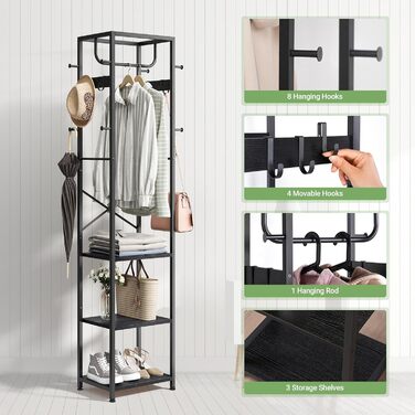 Вішалка для одягу ELYKEN, напольна, з 3 полицями та 12 гачками, для спальні, прихожей, офісу, чорна