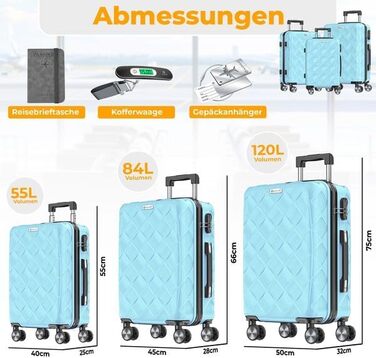Набір дорожніх валіз KESSER з 3 предметів, ABS пластик, жорсткий корпус, кодовий замок, ваги для багажу та дорожній гаманець, колеса 360°, Sky Blue