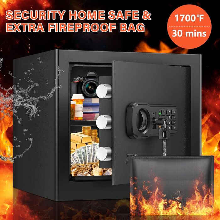 Вогнетривкий сейф Safe Tresor для дому з вогнетривкою сумкою, цифровий сейф з висувним ящиком та сигналізацією, сейф для зберігання грошей, документів та ліків (36L)