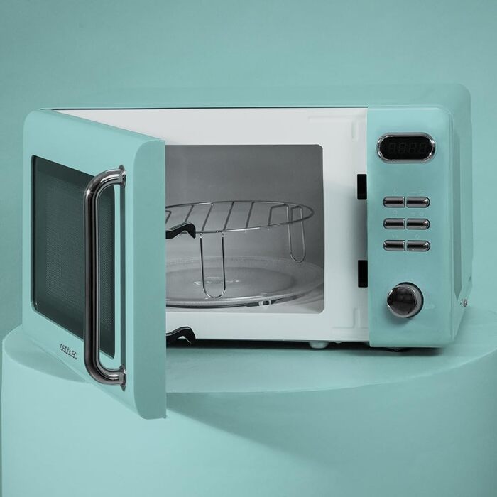 Мікрохвильова піч Cecotec Proclean 5110 Retro Blue з грилем, 20 л, 700 Вт, 5 режимів, 8 програм, таймер 60 хв, функція розморожування, сигнал завершення, ретро-дизайн, блакитна, з блокуванням від дітей