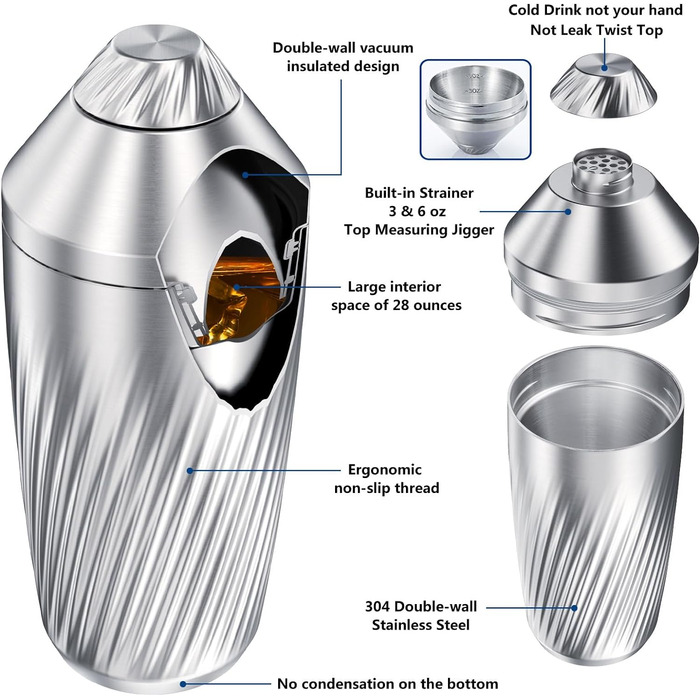 Шейкер для коктейлів COCKSHIER - Набір подвійних шейкерів для напоїв з вакуумною ізоляцією з нержавіючої сталі та ложкою для змішування, 868 мл