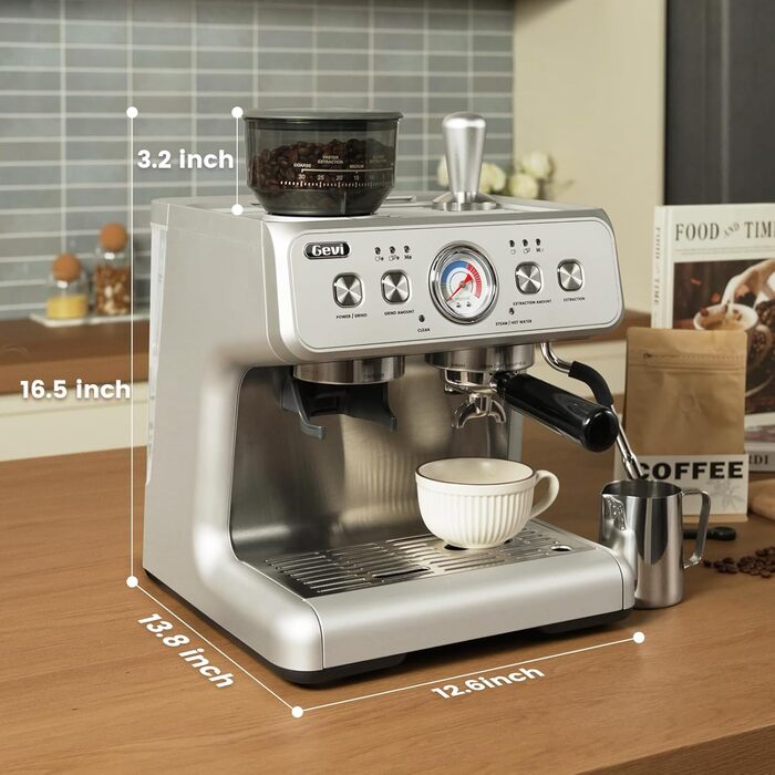 Gevi 2025 Upgrade: Професійна кавомашина еспресо з вбудованою кавомолкою, Dual Boiler, 20 Bar, 2.8л бак, нержавіюча сталь, срібна