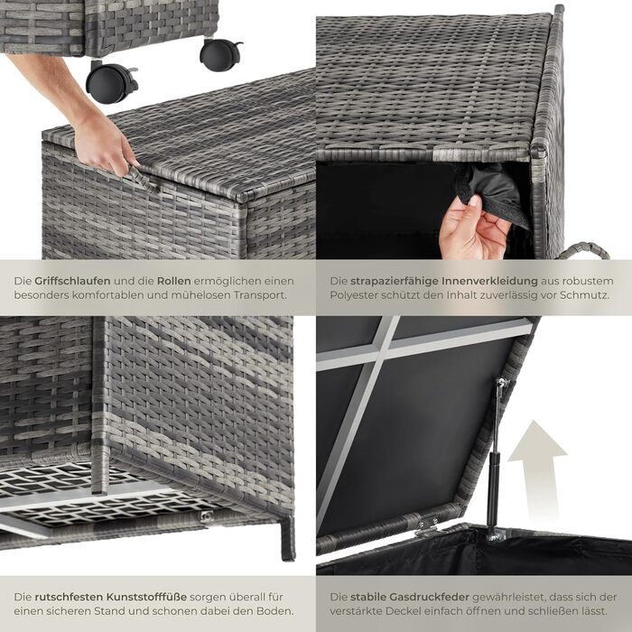 Скриня для саду Tectake з ротангу (поліротанг) чорна, 297л, 117x54x64 см - водонепроникна, з кришкою, на колесах, для тераси, балкону