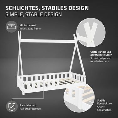 Дерев'яне ліжко-будиночок Tipi ML-Design для дітей 80x160 см з бар'єром та ламелями, з захистом від падіння, з сосни, для дівчаток та хлопчиків, ліжко-намет, індіанське ліжко