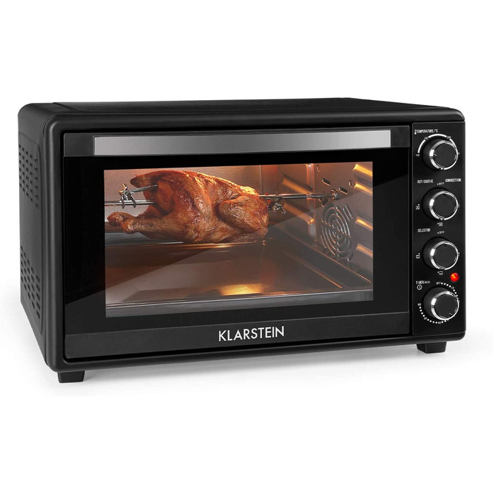 Міні-піч Klarstein Masterchef: 60 л, об'єм 60 літрів, з конвекцією, обертовим шампуром, таймером, подвійним склом, нагрівом зверху та знизу, з нержавіючої сталі, 2000 Вт, чорний колір
