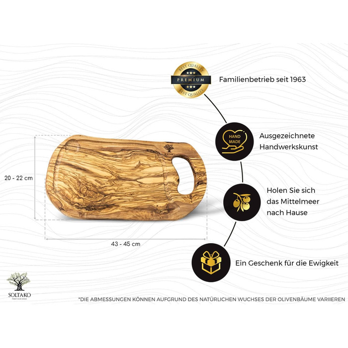 Обробна дошка з оливкового дерева SOLTAKO, довжина 43-45 см, ширина 20-23 см, товщина 2 см