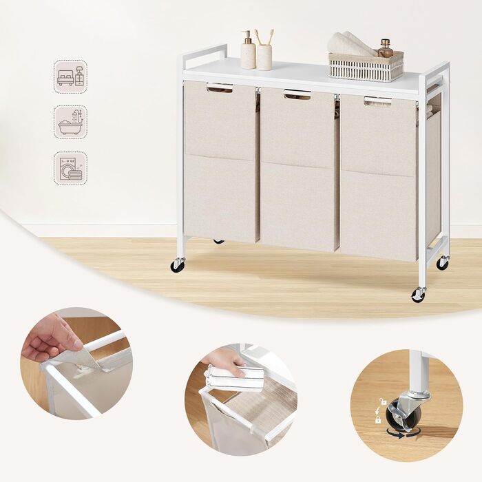 Кошик для білизни HOOBRO з 3 відділеннями, 119 л, білий, на колесах