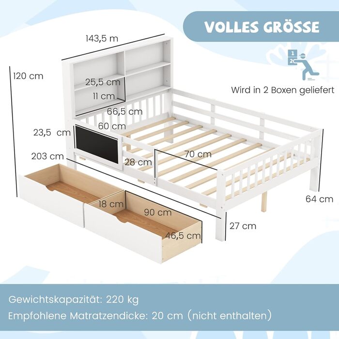 Двоспальне ліжко COSTWAY 140x200 з бортиками, дощечкою для малювання, 2 шухлядами та полицею, біле дерев'яне ліжко для дітей