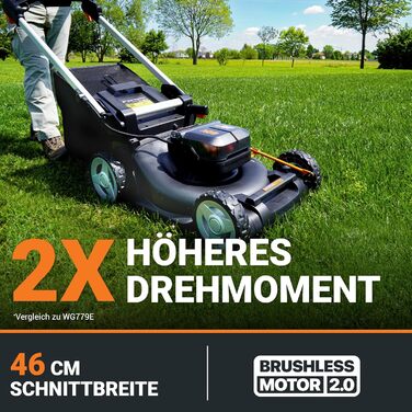 Акумуляторний газонокосарка WORX WG749E 40V PowerShare з радіоприводом, безщітковий двигун, ширина зрізу 46 см, 7 положень висоти зрізу, чорний (Modern), з акумулятором та зарядним пристроєм