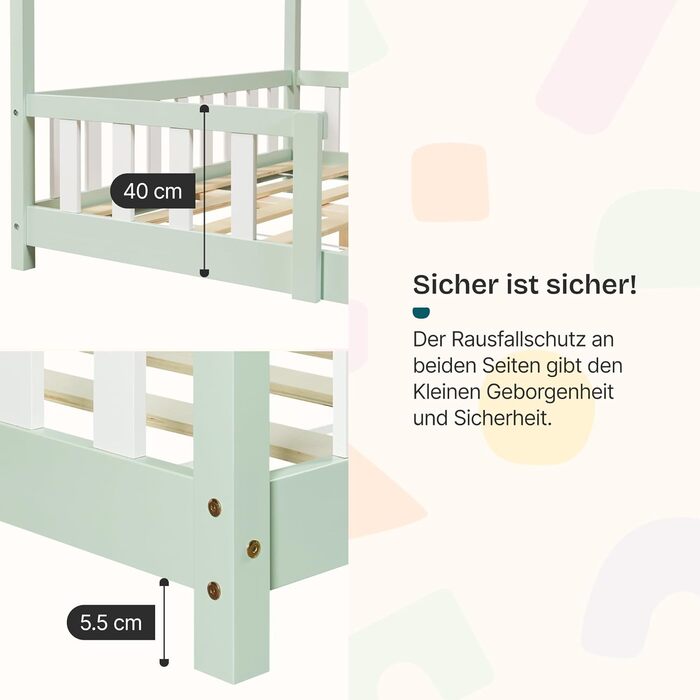 Детське ліжко Sisimiut Montessori з бортиками, без матраца, 140x200 см, світло-сірий/білий (en.casa)