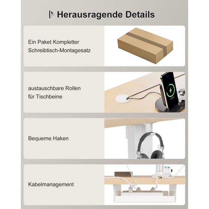Електричний стіл Homall 120x60 см з регулюванням висоти, з 4-секційною стільницею, пам'яттю, білий + бежевий