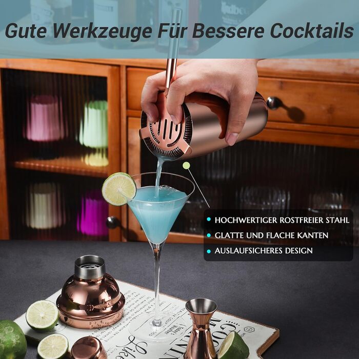 Набір шейкерів для коктейлів, 12 предметів, нержавіюча сталь, 750 мл, з підставкою, рожеве золото, для бармена домашнього бару