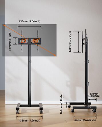 Мобільний підставка для телевізора на колесах FORGING MOUNT, 23-60 дюймів, регулювання висоти та нахилу, VESA 400x400, до 40 кг