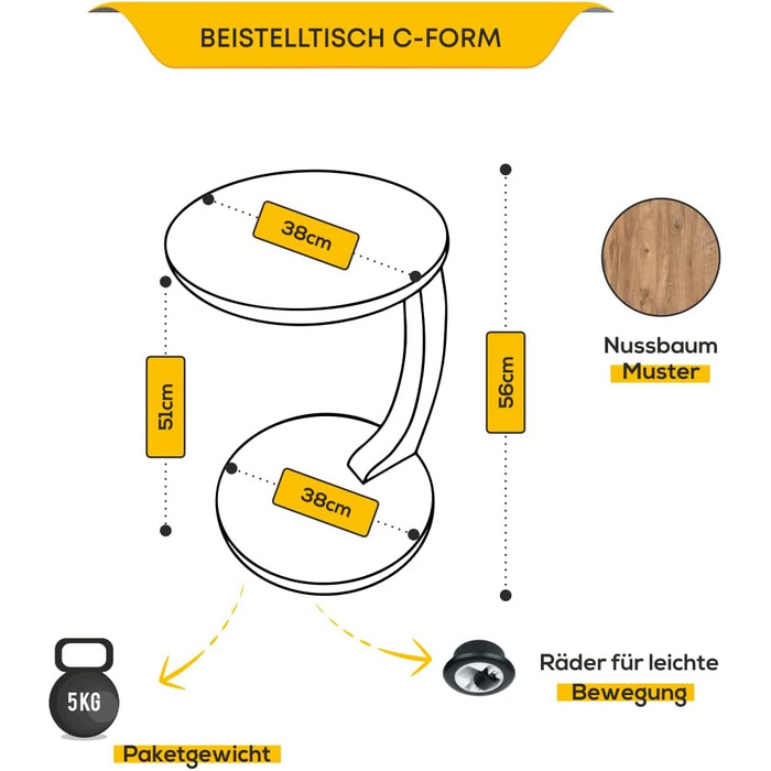 Журнальний столик sugodesign з коліщатками, невеликий журнальний столик у формі літери C, стильний журнальний столик у красивому вигляді з горіхового дерева, круглий столик як полиця для дивана та дивана