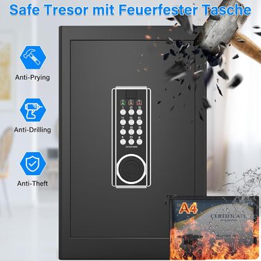 Вогнестійкий сейф Safe Tresor з водонепроникним кишеням, цифровий домашній сейф з висувним стелажем та сигналізацією, настінний/меблевий сейф для грошей, ліків, прикрас, A4 документів (80L)