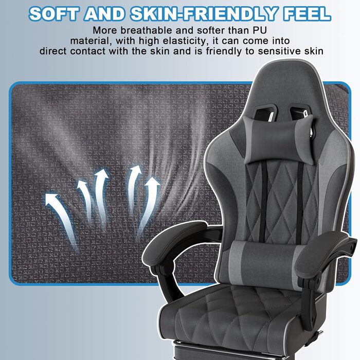 Ігровий крісло JUMMICO з тканини та пружинним наповнювачем, ергономічний офісний крісло з масажером. Крісло має підголівник, підставку для ніг, регулювання висоти. Максимальне навантаження: 150 кг. Колір: темно-сірий