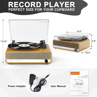 Вініловий програвач Udreamer з Bluetooth, динаміками, USB, AUX, RCA, навушниками, 3 швидкості, ремінний привід, дзеркальний дизайн, золотий, вінтажний стиль