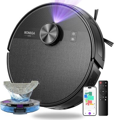 Робот-пилосос MONSGA з функцією миття, 5000Pa, час роботи 180 хв, система захисту від ковтунів, LiDAR навігація, для килимів та шерсті тварин, керування через додаток та пульт (чорний)