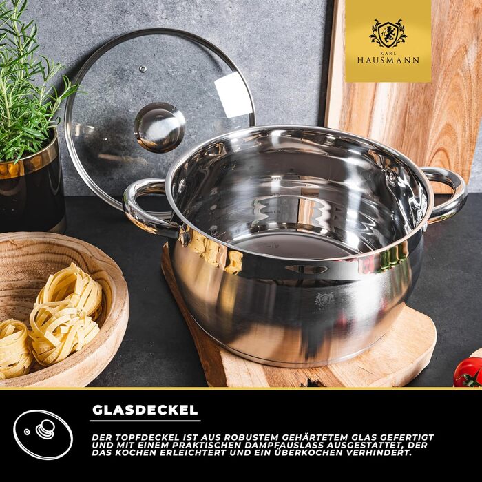 Набір каструль Karl Hausmann 3 шт. з нержавіючої сталі для індукційних та інших плит з кришкою з термостійкого скла та мірною шкалою