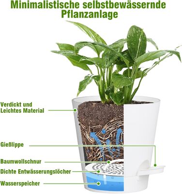 Набір горщиків для квітів Blumentopf 6 шт. з автополивом, чорний/білий, різні розміри (20.3-12.7 см), для дому та балкону
