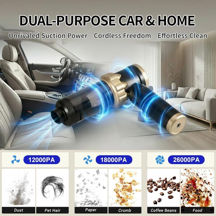 Акумуляторний ручний пилосос Handstaubsauger 26000Па, бездротовий автомобільний міні-пилосос 4-в-1 з безщітковим двигуном, 3 режими потужності для дому, авто та шерсті тварин, чорний