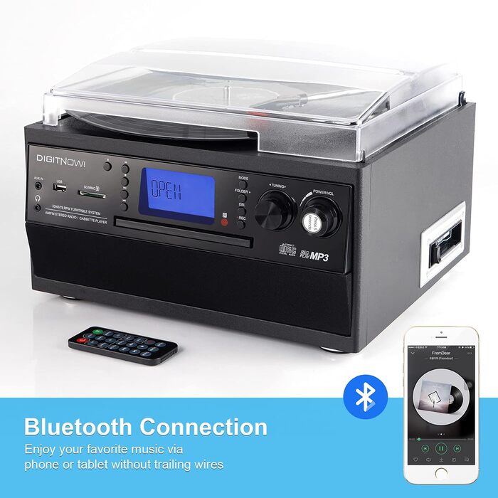 Програвач вінілу з Bluetooth, USB, функцією кодування, CD-програвачем, FM-радіо та касетою, 3 швидкості (33/45/78 об/хв), вбудовані динаміки, мультиколір