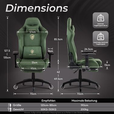 Ігровий крісло Dowinx з мікрофібри, дихаючий та ергономічний офісний стілець, м'яке відчуття як хутро, регульований стілець з підніжкою (зелений)