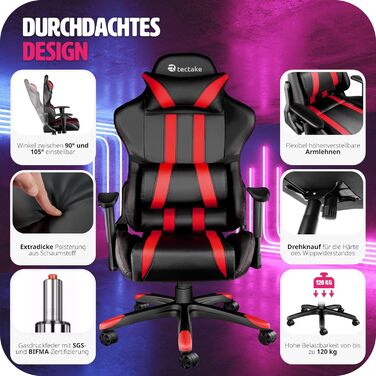 Офісне крісло Tectake, ігрове крісло з регульованими спинками та підлокітниками, крісло з подушкою для шиї та поперековою підтримкою, офісне крісло з регулюванням висоти ергономічне, ігрове крісло з можливістю обертання на 360 - чорний/червоний Чорний Чер