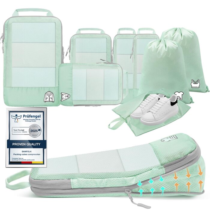 Набір компресійних органайзерів для подорожей Packing Cubes, 8 шт, для валізи та рюкзака, м'ятно-зелений