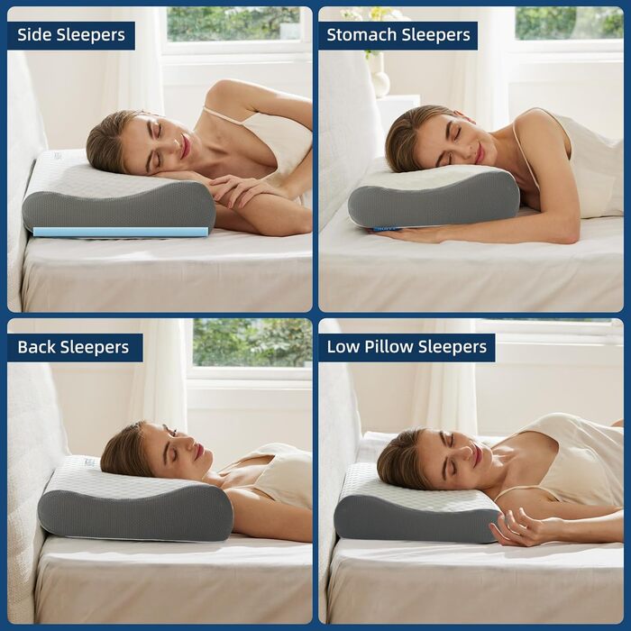 Подушка NOFFA з піною з пам'яті Memory Foam, ортопедична, для сну на спині, боці та животі, регульована висота та жорсткість, 55 x 35 x (11/8, 8/5) см, 60 x 35 x 12 см, сірий & білий колір