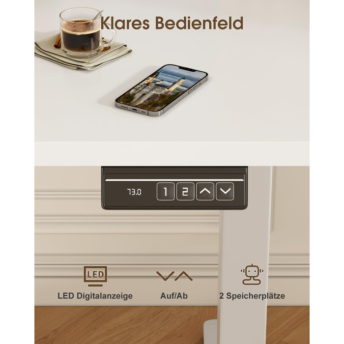 Електричний стіл Devoko з регулюванням висоти та підставкою для монітора, пам'ять 2 положення (білий, 180 x 80 см)