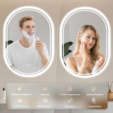 LED дзеркало для ванної кімнати Badspiegel з підсвічуванням, антизапар, сенсорне керування, регулювання яскравості, 3 кольори світла, овальне, 50x70 см