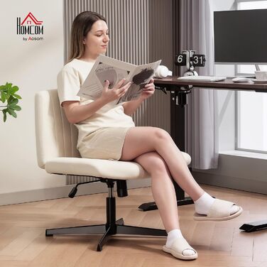 Крісло офісне без підлокітників HOMCOM, тканина льон, регульоване, поворотне, для дому, кремове