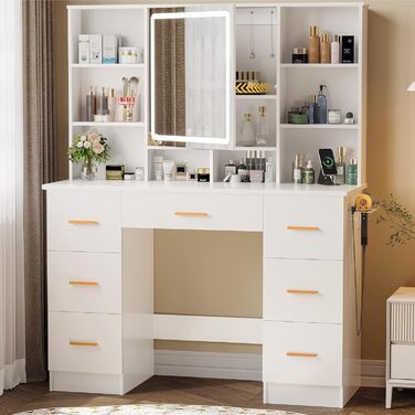 Дзеркальний туалетний столик Belife з підсвічуванням та 7 висувними ящиками, розеткою та 3 кольорами світла для спальні V5