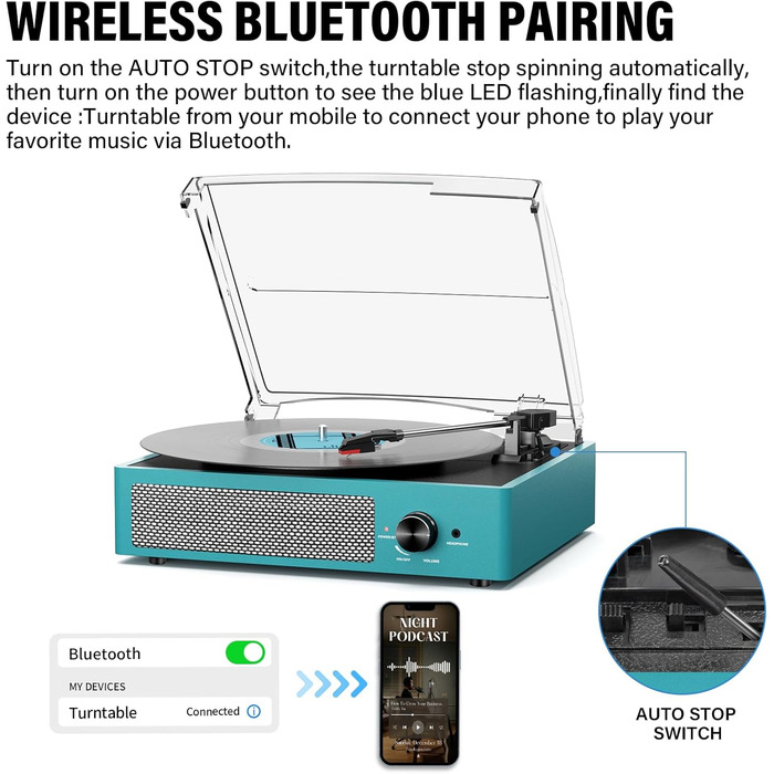 Вініловий програвач ретро-стилю з Bluetooth, портативний, 3 швидкості (33/45/78 об/хв), вбудовані стереодинаміки, RCA та AUX, синій
