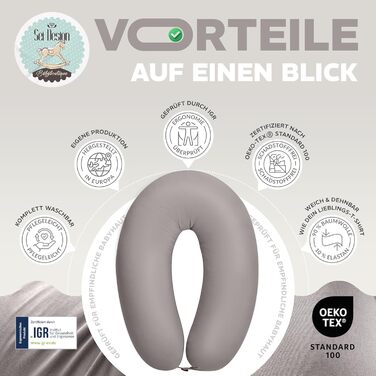 Подушка для годування та вагітності sei Design XXL (190x35 см), ергономічна подушка для сну з чохлом з органічної бавовни муслін, сріблясто-сіра