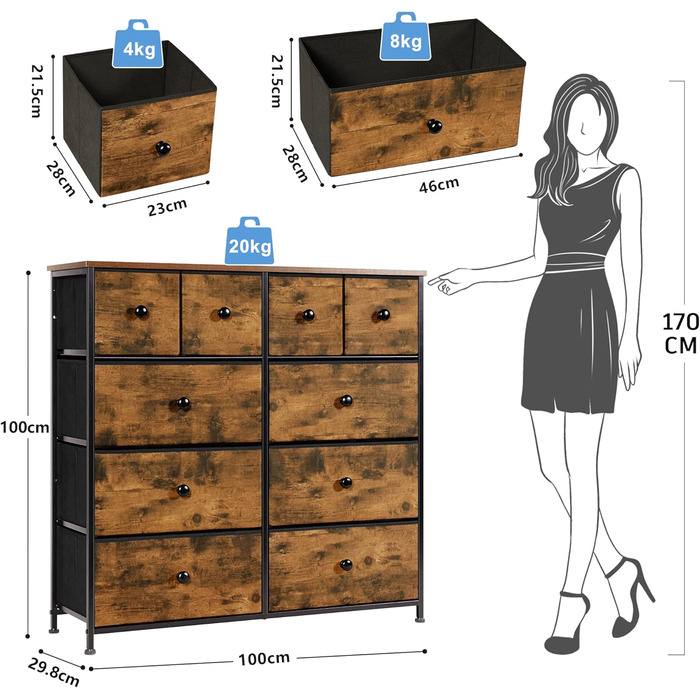 Комод з 10 тканинними ящиками, сервант для кухні/офісу/передпокою, тумба під телевізор вінтажний коричневий