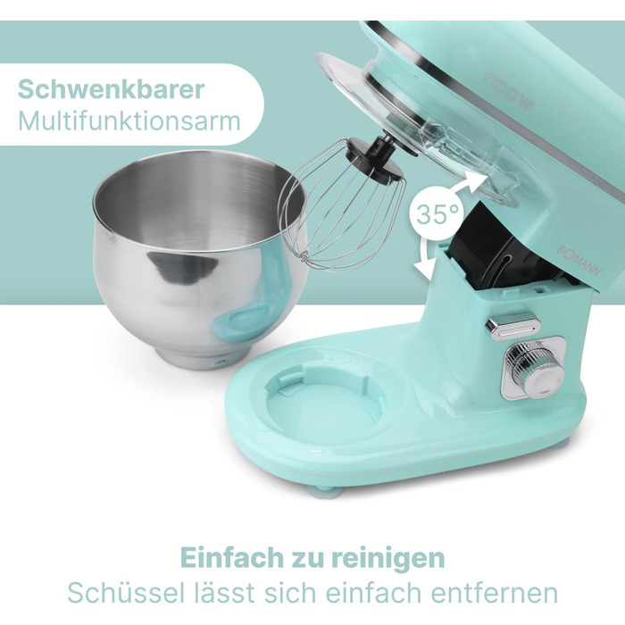 Кухонна машина Bomann 1100 Вт | Міксер для тіста 5л | З крюками для тіста, віночком та ножем для тіста | для 3 кг тіста | Міцне спеціальне редукторне передавання | Кухонний комбайн | Тестоміс KM 6030 CB (М'ятно-зелений)