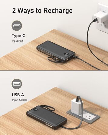 З кабелем, 5 виходів, LED-дисплей, сумісний з iPhone/Samsung/Xiaomi, 10000mAh USB C