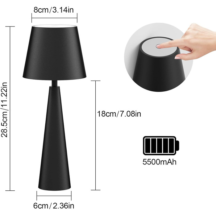 LED настільна лампа Coinmit з регулюванням яскравості, чорна, 5500mAh, акумуляторна, бездротова, для спальні, їдальні, кабінету, внутрішнього та зовнішнього використання, 1 шт.