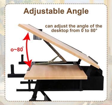 Регульований стіл для малювання, мольберт для художників, стіл для малювання з нахиленою поверхнею 0-80°, стіл для творчості з ящиками для дітей та дорослих