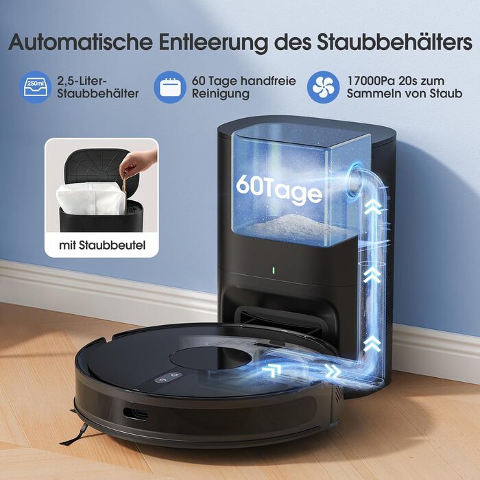 Робот-пилосос BPMIO з функцією миття підлоги та станцією самоочищення, потужність всмоктування 6500Pa, навігація LiDAR, час роботи 180 хвилин, ідеально підходить для шерсті тварин, килима та твердих підлог (B40 Plus)