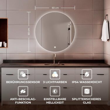 LED дзеркало для ванної кімнати BR Bringer, діаметр 80 см, з підсвічуванням, антизапарюванням, регулюванням яскравості, 3 кольори світла, сенсорне управління, пам'ять, модель BRRS201