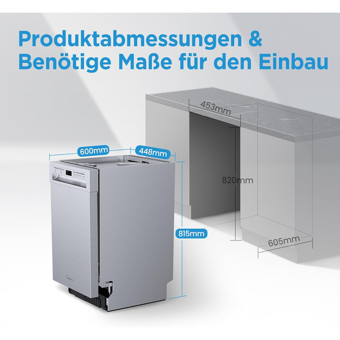 Посудомийна машина Midea SV 5.14K10C, 45 см, 10 комплектів, вбудована, WIFI, 8 програм, 44 дБ, автоматичне відкриття дверцят, таймер затримки 0-24 год, Inox