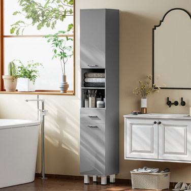 Шафа для ванної кімнати з полицями та висувним ящиком, регульована, сіра