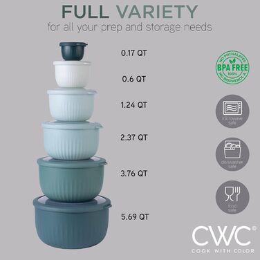 Набір мисок COOK WITH COLOR 12 шт. з кришкою, блакитно-зелений. Глибокі миски для приготування їжі, пластик.